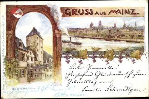 Künstler Litho Sutter, Conr., Mainz am Rhein, Blick auf den Ort, Eiserner Turm