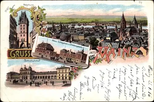 Litho Mainz am Rhein, Totalansicht der Ortschaft, Zolllagerhaus, Zentralbahnhof