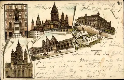 Litho Mainz am Rhein, Stadthalle, Zentralbahnhof, Gutenbergdenkmal, Dom