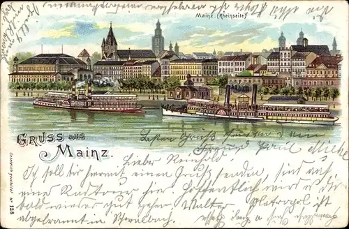 Litho Mainz am Rhein, Salondampfer, Blick auf den Ort