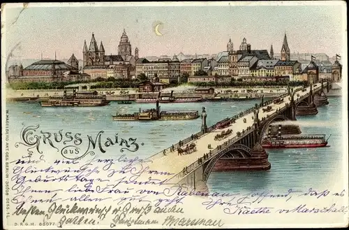 Halt gegen das Licht Litho Mainz am Rhein, Panorama, Brücke, Rheinpartie