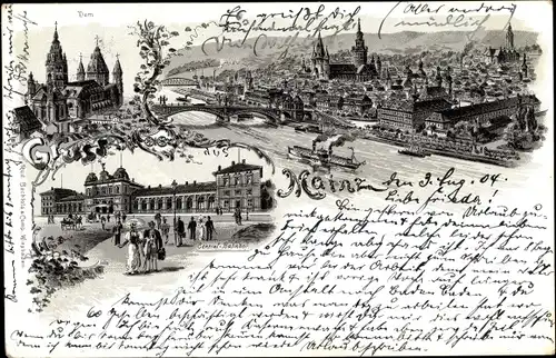 Litho Mainz am Rhein, Zentralbahnhof, Dom, Panorama, Salondampfer