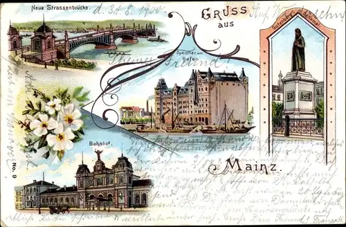 Litho Mainz am Rhein, Gutenbergdenkmal, Straßenbrücke, Bahnhof, Speicher am Hafen