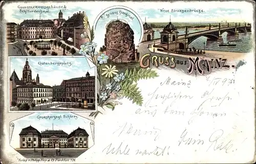 Litho Mainz am Rhein, Drusus Denkmal, Gouvernementsgebäude, Schillerdenkmal, Schloss