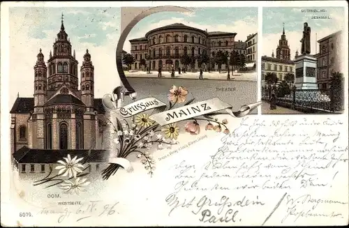 Litho Mainz am Rhein, Theater mit Gutenberg Denkmal, Dom