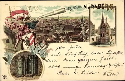 Litho Nürnberg in Mittelfranken Bayern, Schöner Brunnen, Eiserne Jungfrau, Blick auf den Ort