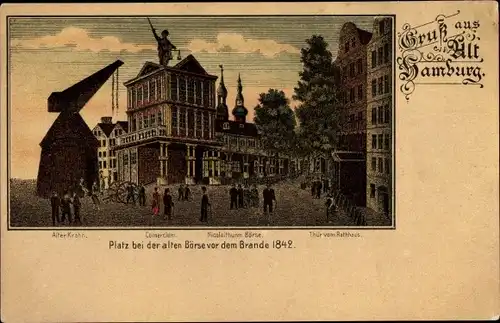 Litho Hamburg Mitte Altstadt, Alter Krahn, Comercium, Rathaus, Nicolaiturm, vor 1842