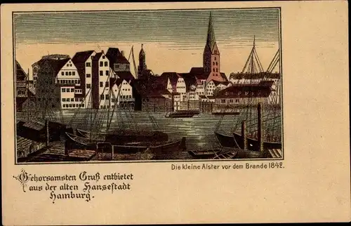 Litho Hamburg, Die kleine Alster vor dem Brande 1842