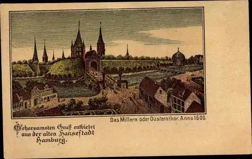 Litho Hamburg Mitte St. Pauli, Das Millern oder Düsterntor anno 1600