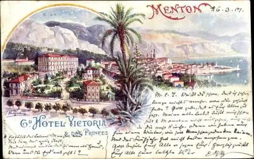 Litho Menton Alpes Maritimes, Grand Hotel Victoria & des Princes