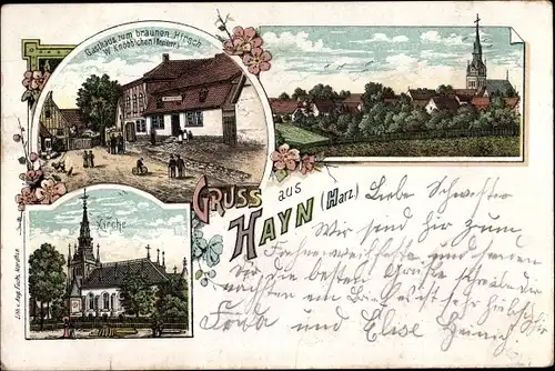 Litho Hayn im Harz Südharz, Gasthaus zum braunen Hirsch, Kirche, Totalansicht