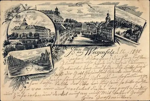 Vorläufer Litho Weißenfels an der Saale, Marktplatz, Schloss, Saalepartie, 1895