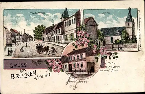 Litho Brücken Helme Hackpfüffel am Kyffhäuser, Kirche, Gasthof zum deutschen Kaiser, Hauptstraße