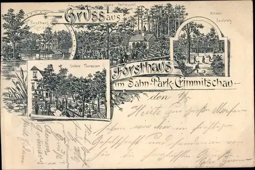 Litho Crimmitschau in Sachsen, Forsthaus im Sahn Park, Spielplatz, Terrassen