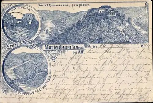 Vorläufer Litho Zell Mosel, Ruine Marienburg, Panorama von Alf, Hotel im ehemaligen Kloster, 1894