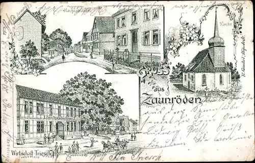 Litho Zaunröden Dünwald Unstrut Hainich Kreis Thüringen, Kirche, Hauptstraße, Wirtschaft