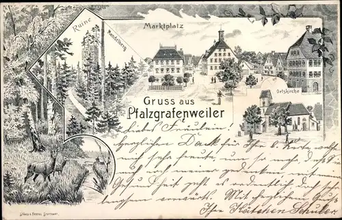 Litho Pfalzgrafenweiler im Schwarzwald, Kirche, Marktplatz, Ruine Mandelberg