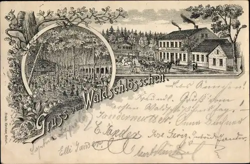 Litho Erfurt in Thüringen, Gasthaus Waldschlösschen, Kutsche, Eichhörnchen