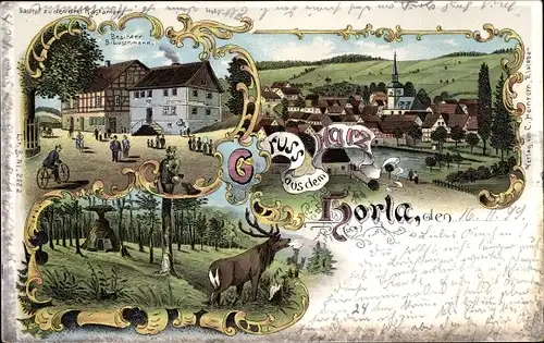 Litho Horla Sangerhausen am Südharz, Gasthof zu den drei Kastanien, Kohlenmeiler, Hirsch, Totale