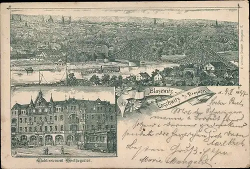 Litho Dresden Blasewitz, Etablissement Goethegarten, Blick auf den Ort, Loschwitz