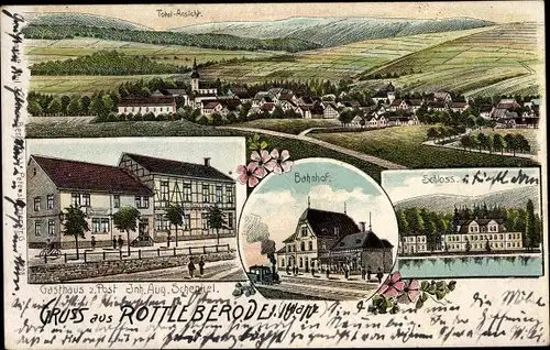 Litho Rottleberode Südharz, Gasthaus zur Post, Bahnhof, Gleisseite, Schloss