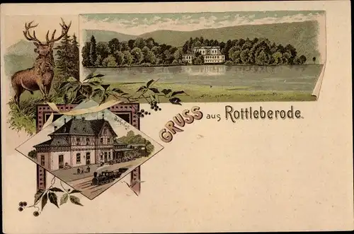 Litho Rottleberode Südharz, Bahnhof, Gleisseite, Schloss, Hirsch