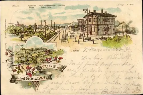 Litho Göschwitz Jena in Thüringen, Winzela, Forstturm, Saalbahn, Lobedaturm, Bahnhof