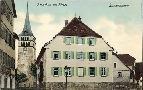 Ak Sindelfingen in Baden Württemberg, Partie an der Realschule und Kirche