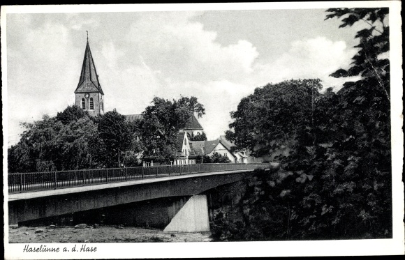 Ak Haselünne im Emsland, Teilansicht, Kirche, Brücke Nr