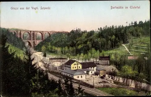 Ak Barthmühle Pöhl im Vogtland, Elstertal, Ortsansicht, Brücke