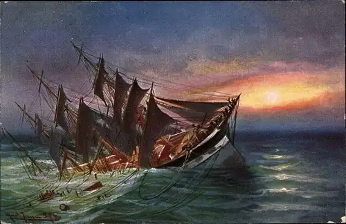 Künstler Ak Jansen, Alfred, Gekentertes Segelschiff