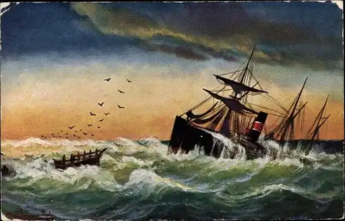 Künstler Ak Auf der Barre gestrandet, Dampfer