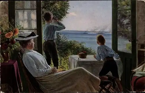 Künstler Ak Hansen, Sigvard, Flottenmanöver, Jungen beobachten Kriegsschiffe