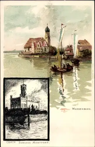 Künstler Litho Biese, C., Wasserburg am Bodensee Schwaben, Schloss Montfort, Segelboote