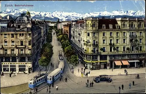 Ak Zürich Stadt Schweiz, Bahnhofstraße, Straßenbahnen, Hotel Schweizerhof