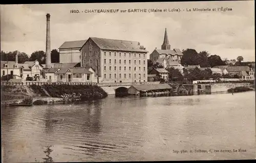 Ak Chateauneuf sur Sarthe Maine-et-Loire, La Minoterie et l'Eglise