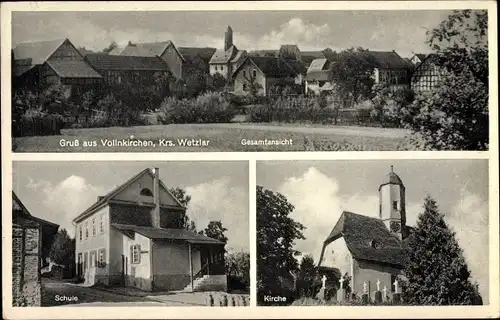 Ak Vollnkirchen Hüttenberg in Hessen, Kirche, Schule, Totalansicht der Ortschaft