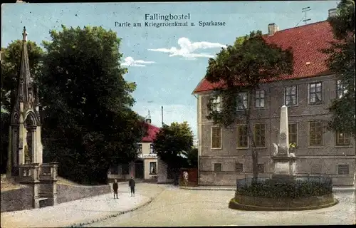 Ak Bad Fallingbostel Lüneburger Heide, Kriegerdenkmal und Sparkasse, Gasthaus