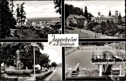 Ak Jugenheim an der Bergstrasse Hessen, Schloss Heiligenberg, Schwimmbad, Kirche, Freidensbrunnen