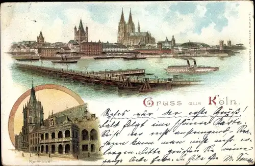 Litho Köln am Rhein, Stadtpanorama mit Schiffsbrücke, Rathaus