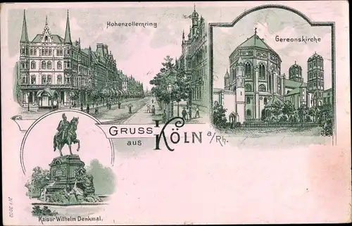 Litho Köln am Rhein, Hohenzollernring, Kaiser Wilhelm Denkmal, Gereonskirche