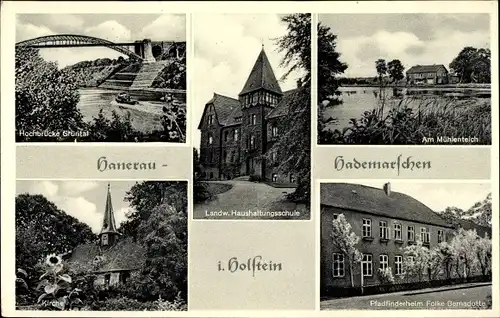 Ak Hanerau Hademarschen in Holstein, Pfadfinderheim, Hochbrücke, Kirche, Haushaltungsschule