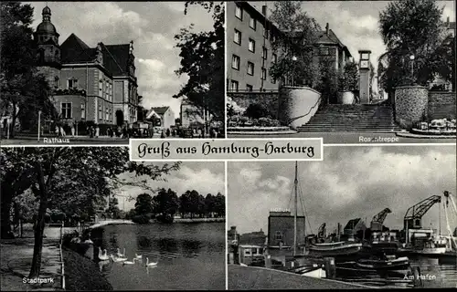 Ak Hamburg Harburg, Rathaus, Rosentreppe, Hafen, Stadtpark mit Schwänen