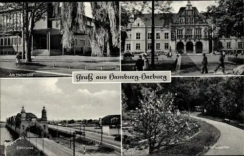 Ak Hamburg Harburg, Hallenbad, Elbbrücke, Rathaus, Schulgarten