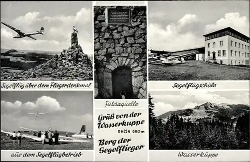 Ak Gersfeld Hessen, Wasserkuppe, Fliegerlager, Fliegerdenkmal, Fuldaquelle