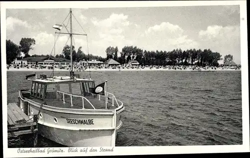 Ak Ostseebad Grömitz in Holstein, Blick zum Strand, Boot Seeschwalbe