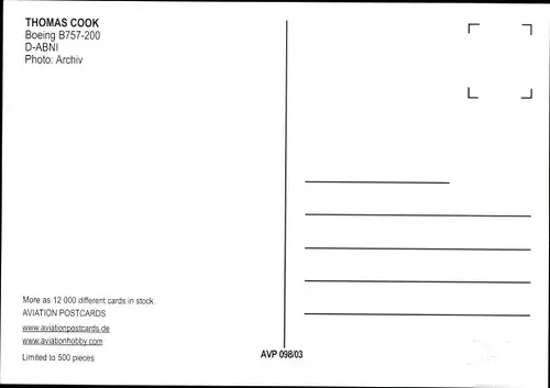 Ak Deutsches Passagierflugzeug, Thomas Cook powered by Condor, Boeing B757-200, D-ABNI