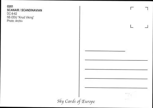 Ak Schwedisches Passagierflugzeug Scanair Scandinavian, McDonnell Douglas DC-8-62 SE-DDU Knud Viking