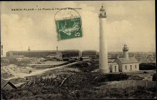 Ak Berck Plage Pas de Calais, Le Phare, L'Hopital Maritime