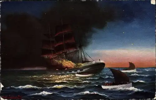 Künstler Ak Brennendes Segelschiff auf Hochsee, Rettungsboote